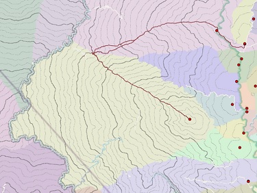 Map of paths with the same cost starting at the same destination but traveling to different sources Map of paths with the same cost starting at the same destination but traveling to different sources