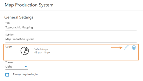 Map Production System dialog box with options to configure the app's logo under General Settings Map Production System dialog box with options to configure the app's logo under General Settings